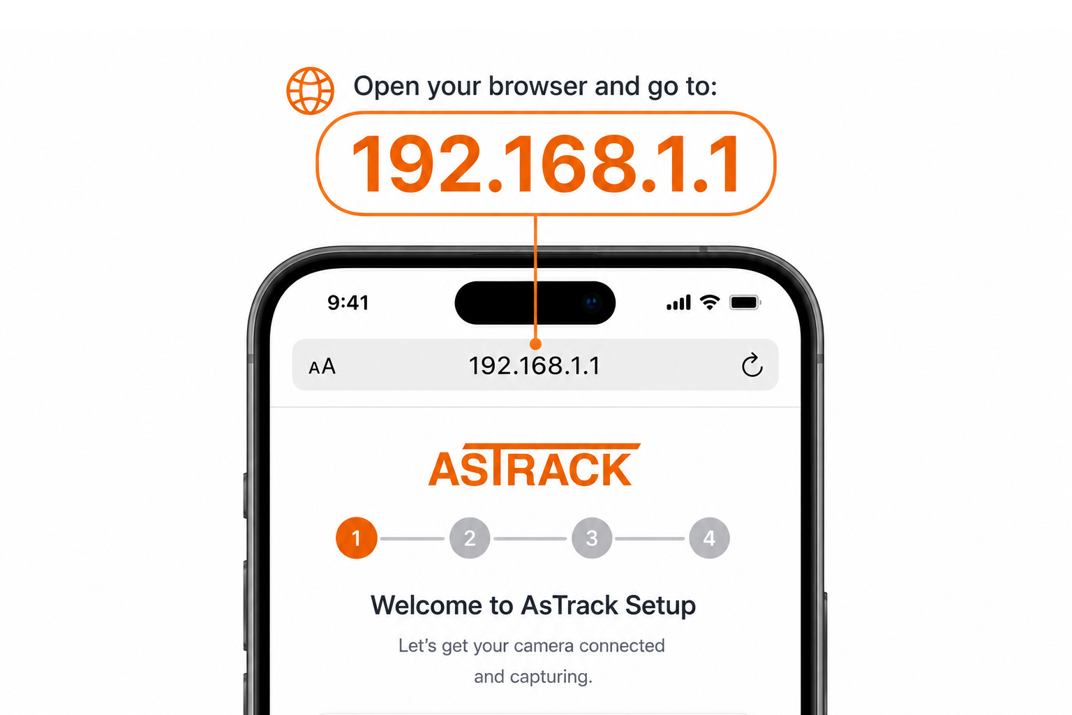 Phone browser at 192.168.1.1 showing the AsTrack setup wizard