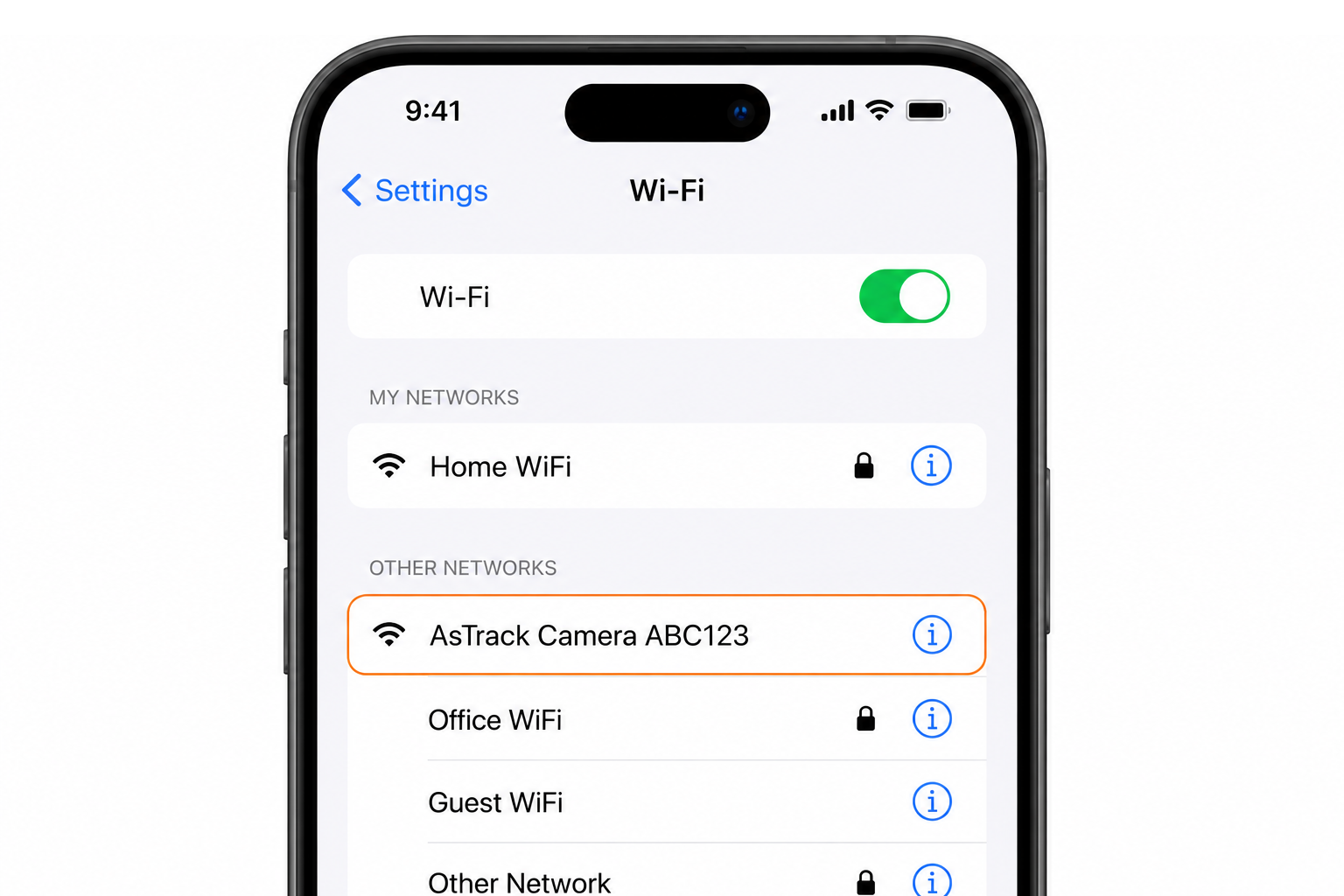 Phone WiFi settings with the AsTrack Camera network highlighted