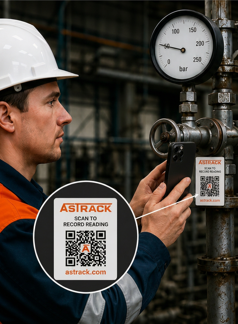 Technician scanning an AsTrack QR label on a pressure gauge