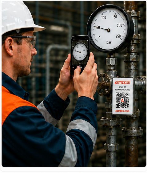 Technician photographing a pressure gauge with an AsTrack QR label.