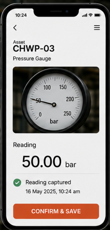 AsTrack app on a smartphone showing a captured 50.00 bar pressure gauge reading for asset CHWP-03