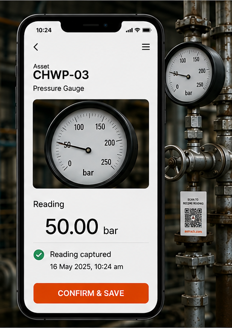 AsTrack app showing the recognised gauge value ready to save